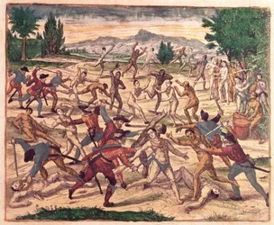 Pedro de Alvarado und seine Soldaten massakrieren die Azteken, ca. 1520